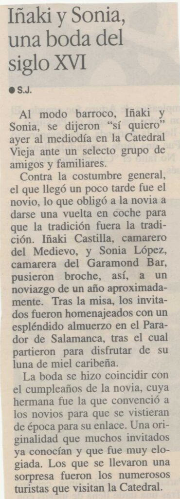 Mención en el periódico de la boda de Iñaki y Sonia